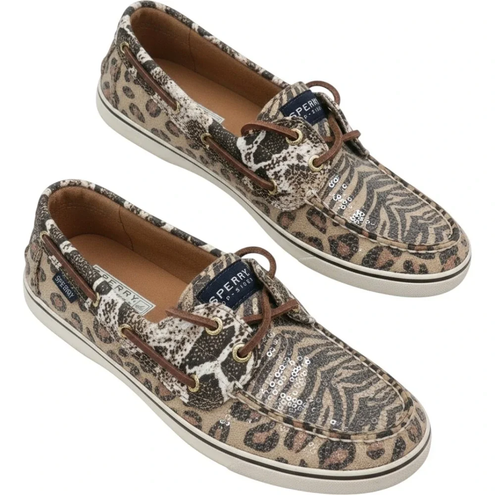 Sperry Bahama Boat Shoes Women 7.5 Brown Animal Print Sequin Mixed Media